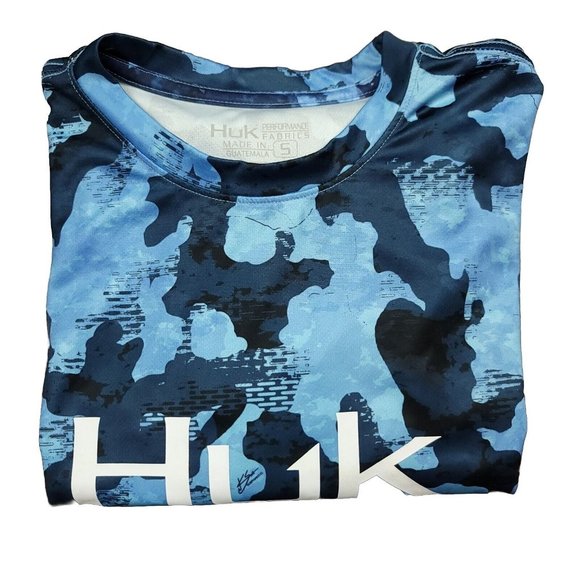 HUK‎ Mens S Performance Fishing Shirt Angler Small Blue Camo Long Sleeve Mesh - Picture 2 of 10